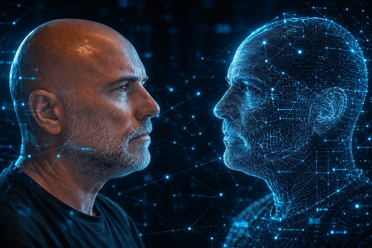 Alfredo Simón frente a una representación de inteligencia artificial